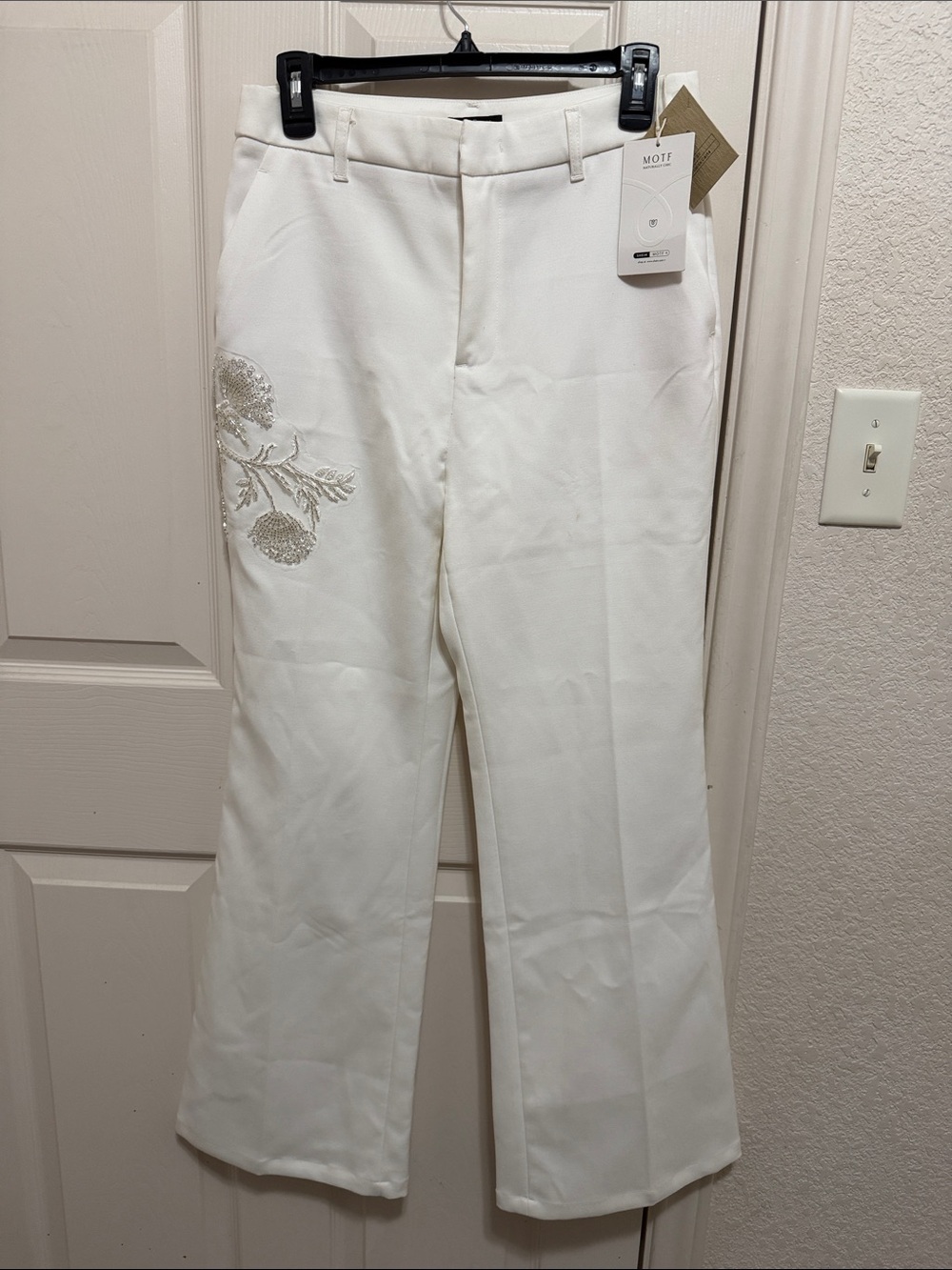 MOTF Cream Embroidered Wide-Leg Dress Pants